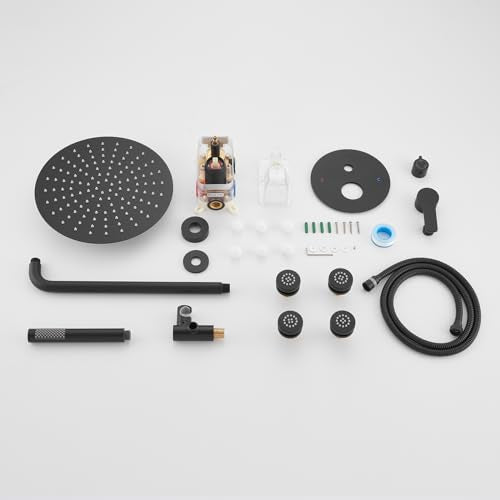 Iriber Mattle Black Round Rain Shower System with 4 PCS Body Jets 3 Function Shower Faucet Set Contain 12 Inch Shower Head and Handheld Wall Mounted Pressure Balance Shower Trim Kit (Valve Included) - color: Matte Black 04