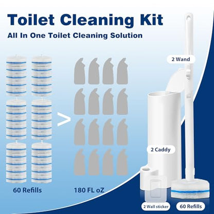2 Pack Disposable Toilet Brush with 60 Refills, Wall Mounted Toilet Bowl Cleaner Wand Kit and Holder, Bathroom Cleaning Supplies, Toilet Scrubber Disposable Heads