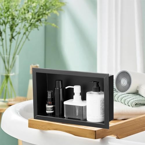 13.8"×9.3"×3.1" Shower Niche, Rectangular Single Wall Niche Insert, 304 Stainless Steel Bathroom Shelf Organizer, Recessed Shower Caddy,Black - color: Black