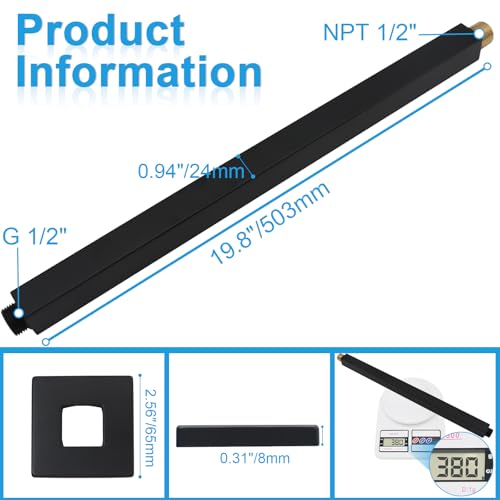 Ceiling Mount Shower Arm with Flange 20 Inches Square Straight Extender Extension Pipe Replacement, Long Shower Arm For Fixed Rain Shower Head or High Ceiling,Matte Black - color: Black, style: 20inch