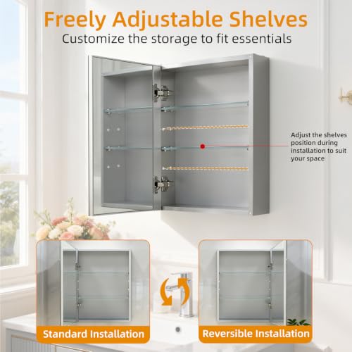 18"x 24"Bathroom Medicine Cabinet,Double-Sided Mirror Door | Silver Aluminium Frame,Lightweight,Sturdy and Attractive,Simple Wall-Mounted,Adjustable Shelves,Tempered Glass - size: 18"x 24"