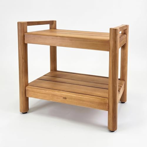 Asta Select Solid Teak 20" Shower Bench with Arms, Portable Teak Wood Spa/Shower/Outdoor Bench with Storage Shelf, Accent Side Table, Fully Assembled, ST-61A