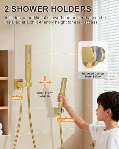 Brushed Gold Shower System with Tub Spout, Wall Mounted Bathtub Shower Faucet Set, 12" Rainfall Shower Head and Handheld Shower Combo, High Pressure Shower Fixtures Set with Rough-in Valve - color: Brushed Gold, style: 12" Wall Mounted Shower System with