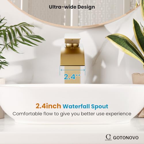 gotonovo Waterfall Tall Bathroom Faucet 1 Hole No Drain, Brushed Gold | Modern Vessel Sink Faucet Single Handle 304 Stainless Steel,24” cUPC Supply Hoses,for Bowl Basin Lavatory Vanity Restroom RV - color: Gold
