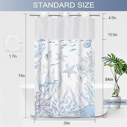 Small No Hook Shower Curtain and Liner Set, Blue Beach Coastal 36x74 | Nautical Ocean for Bathroom, with Snap in Liner Replacement, Mesh Top Window, Waterproof, Machine Washable, Quick-Drying - color: Blue, size: 36"W x 74"L (Pack of 1)