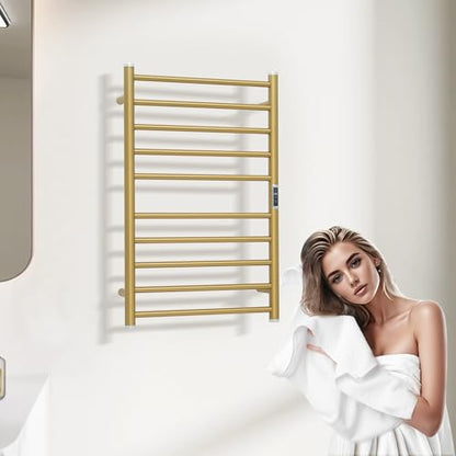 Electric Towel Warmer Rack,Heating Towel Warmer,Timer & Temperature Control,Wall-Mounted Plug-in for Bathroom, Gold,Stainless Steel,10-Bar(31.5x20.08x4.41in) - color: Round-matte Gold With Brushed Top, size: 10 Bars