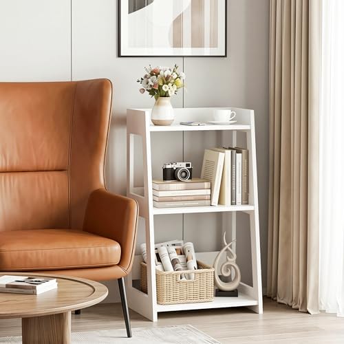 3-Tier Bathroom Ladder Shelf Freestanding, 15.7" W x 27.6" H | White PVC Floor Shelves, Small Bookshelf, Nightstand, for Home Study, Laundry Room, Open Display Rack, 11.8" Deep - size: 11.8"D x 15.7"W x 27.6"H