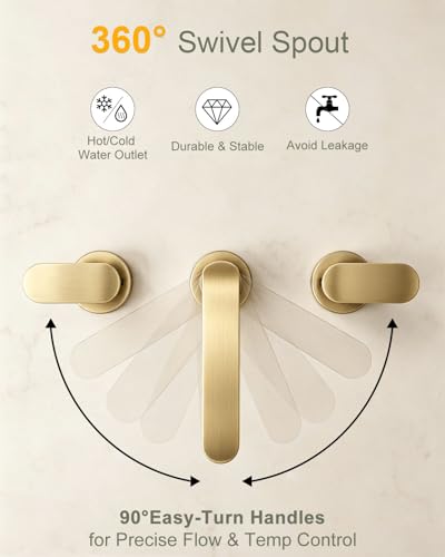 BWE Brushed Gold Bathroom Faucet 3 Hole 8 Inch Widespread Sink Faucets | Stainless Steel Bathroom Faucets with Pop-up Drain and Supply Lines, 360° Swivel Spout 2-Handle Sink Faucet for Bath Vanity - color: Brushed Gold, size: 8 Inches Widespread