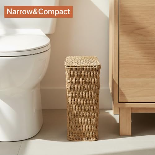 Coeusy 3 Gallon Paper Rope Bathroom Trash Can,Small Wicker Trash Cans with Lid and Liner,Woven Rattan Narrow Waste Basket for Bedroom,Office,Natural - color: Natural