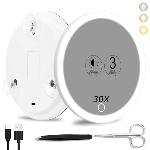 30x Magnifying Mirror with Light, 3 Color Modes, Dimmable, Rechargeable, 6" Viewing Area, 3 Suction Cups, Travel Makeup Mirror, High Magnification, Includes Tweezers & Scissors - color: 30x -White