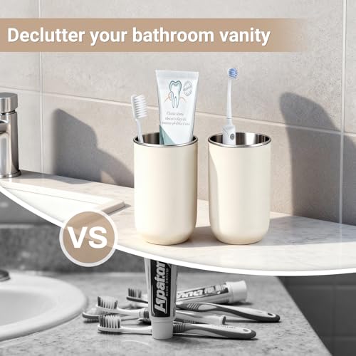 Unbreakable Stainless Steel Toothbrush Holder Tumbler Cup for Bathroom 13oz | Reusable Kids Bathroom Tumbler Cup & Tooth Brush Holder, Countertop Toothpaste Organizer Storage Set, White 2 Pack - color: White