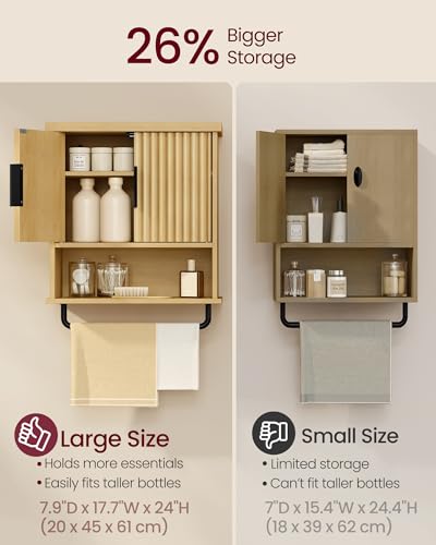 VASAGLE MAXE Collection - Bathroom Cabinet Wall Mounted, Over Toilet Hanging Cabinet with Adjustable Shelf, Towel Bar, Fluted Doors, 7.9 x 17.7 x 24 Inches, Transitional, Oak Beige UBBK137Y01S - color: Oak Beige, style: 2Doors（24"H）