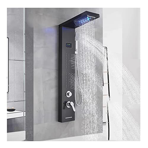 Split Shower Panel Tower System, Stainless Steel 5 in 1 Shower Column with LED Rainfall Waterfall Shower Head, Water Temperature Display and Body Jets,Black - color: Black