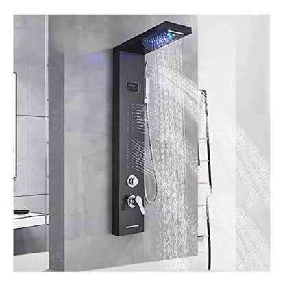 Split Shower Panel Tower System, Stainless Steel 5 in 1 Shower Column with LED Rainfall Waterfall Shower Head, Water Temperature Display and Body Jets,Black - color: Black