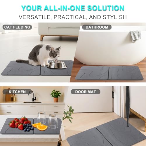 Stone Bath Mat, Foldable Non-Slip Stone Bath Mats for Bathroom 24"x16", Absorbent Quick Dry Diatomaceous Earth Bath Mat, Magic Stone Dish Drying Mat for Kitchen Counter, Pet & Plant - color: Grey Lines