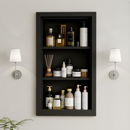 Solid Wood 14 X 24 Recessed Medicine Cabinet,3-Tier, Medicine Cabinet Organizer,Wall Niche, Bathroom Wall Cabinet, Recessed Bathroom Cabinet,recessed Wall Cabinet, Black - color: Black, size: Classic 3-Tier