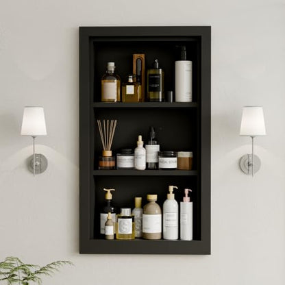 Solid Wood 14 X 24 Recessed Medicine Cabinet,3-Tier, Medicine Cabinet Organizer,Wall Niche, Bathroom Wall Cabinet, Recessed Bathroom Cabinet,recessed Wall Cabinet, Black - color: Black, size: Classic 3-Tier