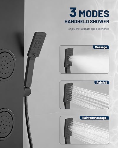 Shower Panel Tower System Rainfall Waterfall Shower Head 3 Massage Body Jet | Handheld Shower Head and Tub Spout Wall Mounted Multi-Function Bathroom Shower Panel Matte Black by Homevacious - color: Black