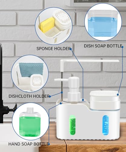 Hand Soap and Dish Soap Dispenser Set for Kitchen, Dual Soap Dispenser with Sponge Holder and Dishcloth Holder 4-in-1 Organizer for Kitchen Sink Countertop, Useful Kitchen Gadgets (White) - color: White