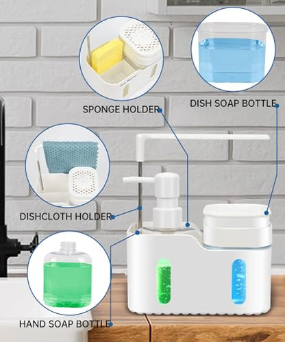 Hand Soap and Dish Soap Dispenser Set for Kitchen, Dual Soap Dispenser with Sponge Holder and Dishcloth Holder 4-in-1 Organizer for Kitchen Sink Countertop, Useful Kitchen Gadgets (White) - color: White