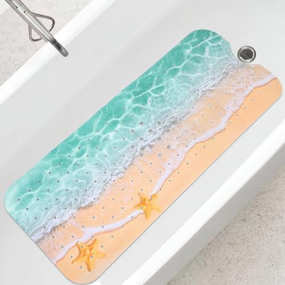 Breling Summer Beach Bathtub Mat Non Slip, 40 x 16 Inch Tub Mat for Bathroom, Starfish Bath Tub Shower Mats with Drain Holes and Suction Cups, Beach Ocean Themed Coastal Bathroom Decor - style: Art Deco