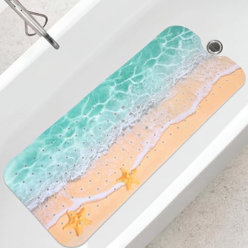 Breling Summer Beach Bathtub Mat Non Slip, 40 x 16 Inch Tub Mat for Bathroom, Starfish Bath Tub Shower Mats with Drain Holes and Suction Cups, Beach Ocean Themed Coastal Bathroom Decor - style: Art Deco