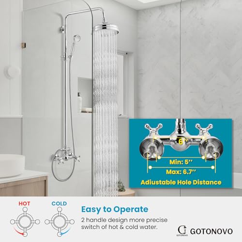 gotonovo Exposed Shower System Wall Mount,Polish Chrome,Metal Handheld | 8” Rain Shower Head Faucet Set Fixtures,2 Function,Two Cross Handle,Height Adjustable,for 5-6.7" Hole,Indoor Victorian Retro - color: Chrome