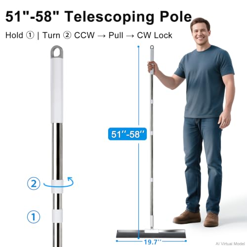 19.7'' Large Floor Squeegee for Concrete Floor with 51''-58'' Telescoping Stainless Steel Handle, Squeegee Broom for Removing Water on Tile, Epoxy, Garage, Driveway, Patio