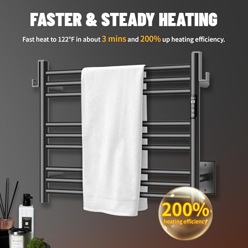 K&KALONZO Wall-Mounted 9-Bar Heated Towel Rack, Fast Heat in 2 Min, NTC Safety | 4 Timers & 3 Heat Levels Control, Plug-In/Hardwired, Top Hooks, Memory Function, Anti-Scald, Stainless Steel, EL13SB - color: Matte Black, size: H 19.7 x W 23.6