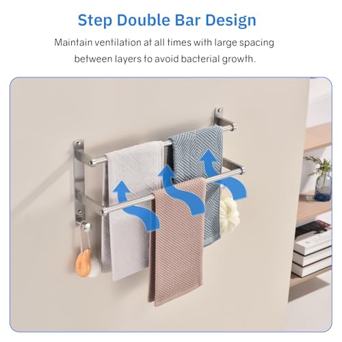 Double Towel Bar with Hooks for Bathroom - 18 Inch Brushed Stainless Steel Towel Rack, Wall Mounted Towel Rails