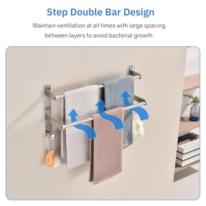 Double Towel Bar with Hooks for Bathroom - 18 Inch Brushed Stainless Steel Towel Rack, Wall Mounted Towel Rails