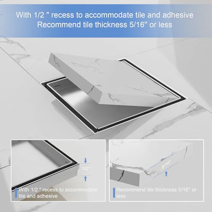 6 Inch Square Shower Drain-Brushed Nickel, with Tile Insert Grate | AISI 304 Stainless Steel Shower Drain, Shower Floor Drain with Hair Catcher, Fits Bathroom, Balcony - color: Brushed Nickel, size: 6 Inch