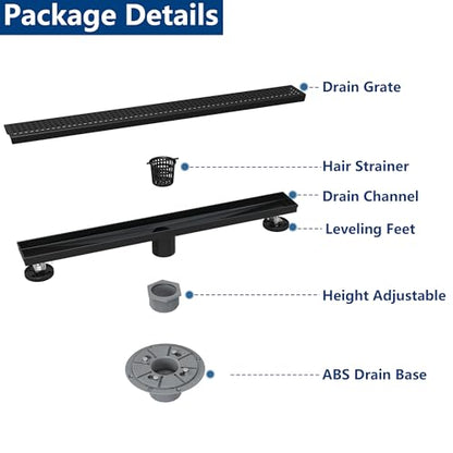 Neodrain 24" Matte Black Linear Shower Drain with Quadrato Pattern Grate | 304 Stainless Steel Linear Drain,Rectangle Shower Floor Drain with Hair Strainer, shower drain base ,Fits Bathroom, Balcony - color: Matte Black, size: 24 In