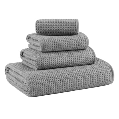 MICROFI Waffle Weave Bath Towel Set, Microfiber, 4 Pieces (Body/Hair/Hand/Face), Quick Dry, Lightweight, Super Absorbent, Lint Free, 380 GSM (Gray) - color: Gray