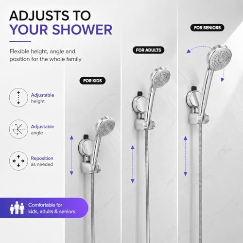 Suction Cup Shower Head Holder, Chrome, No Drill, Adjustable | Strong Suction Hold, Removable No-Drill Wall Mount with Adjustable Angle for Smooth Tile, Glass, Marble and Metal Surfaces - style: Chrome-L