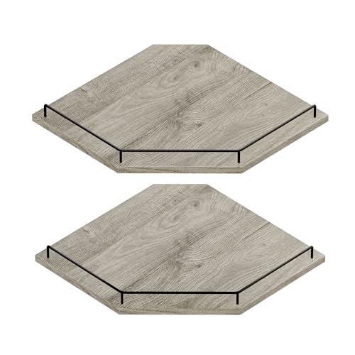 JJL Corner Shelf Wall Mounted, 12 Inches 2-Tier Floating Corner Shelf, Hexagon Rustic Wood Decor with Fence, Gray Wood Grain Wall Shelves for Apartment Bedroom Kitchen Bathroom - color: Gray Wood, size: Hex 2-Tier