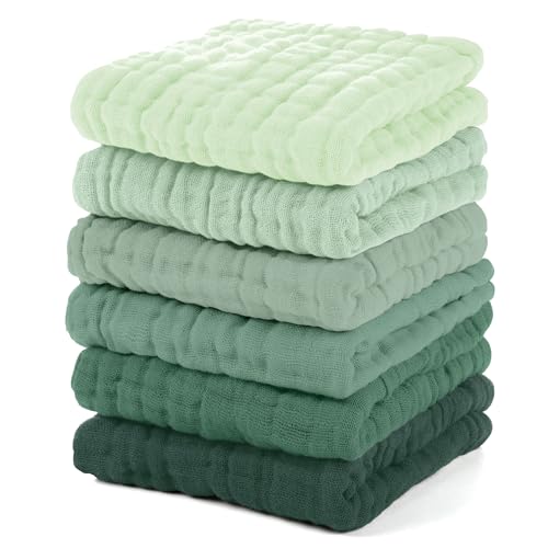Unnivoll Muslin Burp Cloths Baby 12''X12'', Baby Washcloths 6 Pack, 100% Cotton Baby Wash Cloths Absorbent and Soft for Newborn Infants Kids Boys Girls - Gradient Green - color: Gradient Green