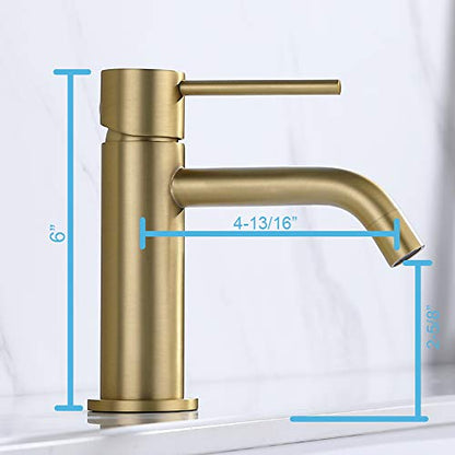 Brushed Gold Bathroom Faucet, Single Handle Brass Sink Faucet Bathroom Single Hole with Pop Up Sink Drain Assembly and Water Faucet Supply Lines | cUPC NSF Lead-Free Bathroom Sink Faucet Single Handle with Pop Up Drain & Supply Lines, 1 Handle Matte Gold