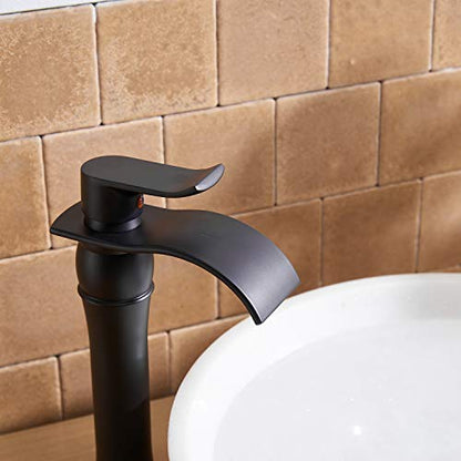 BWE Matte Black Bathroom Vessel Sink Faucet 1 Hole, Modern & Farmhouse | Single Handle, Wide Waterfall Spout, Ceramic Cartridge, Solid Brass Body, Pop-Up Drain & Water Line Included, Easy Install - color: Black