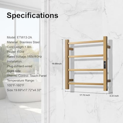 Electric Heated Towel Warmer - Wall Mounted Bathroom Towel Rack, Plug-in Design & Gold Brushed Stainless Steel Finish Gold with Timer & Temperature Control, 4 Bar - color: Square Gold With Timer, size: 4 Bar