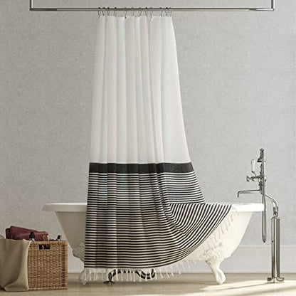 Extra Long Shower Curtains, 96 Inches Long Farmhouse Boho Striped Fabric Tassel Shower Curtains for Bathroom, Tall Bohemian Textured Cloth Shower Curtain Set with Hooks, Black, 72x96 - color: Black, size: 72"W x 96"L (Pack of 1)