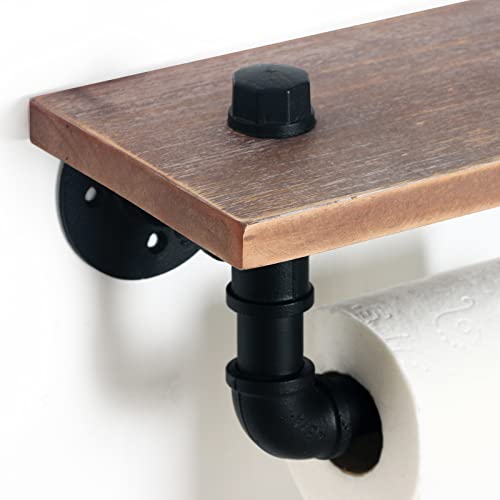 HouseAid Industrial Pipe Toilet Paper Holder with Shelf, Rustic Farmhouse Toilet Roll Holder, Vintage Style Iron TP Holder for Bathroom, Wall Mounted, Matte Black