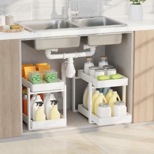 APRTAT 2 Pack Bamboo Under Sink Organizer, 2-Tier Pull Out Storage Drawers | Smooth pull-out drawers keep cleaners and tall bottles visible, organized and easy to reach in kitchen or bathroom cabinets - color: White, size: 2 Pack