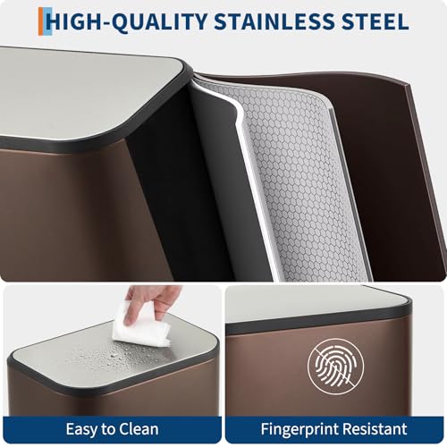 GarveeHome Brown Kitchen Trash Can, 5.3 Gal Stainless Steel Garbage Can | Soft Close Lid, Foot Pedal & Removable Inner Bucket, Rectangular Step On Waste Bin for Office Bedroom - color: Brown, size: 20 L