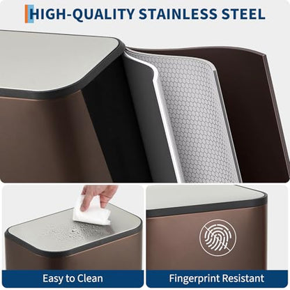 GarveeHome Brown Kitchen Trash Can, 5.3 Gal Stainless Steel Garbage Can | Soft Close Lid, Foot Pedal & Removable Inner Bucket, Rectangular Step On Waste Bin for Office Bedroom - color: Brown, size: 20 L