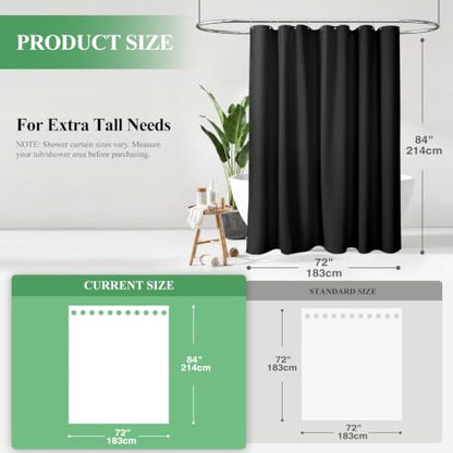 Extra Long Waffle Shower Curtain 256 GSM Fabric 72"x84" Black | 84 Inch Long, Thick Cloth, Weighted Hem, Water Repellent, Tall Hotel Luxury Polyester Shower Curtains for Bathroom 12 Hooks - color: Black, size: 72"W x 84"L (Pack of 1)