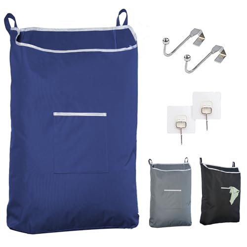 Fine Living Co. Large Hanging Laundry Hamper with Over Door Hooks & Adhesive, Durable Space Saving Laundry Bag with Zipper and Wide Open Top, Hanging Dorm Laundry Hamper (Navy Blue-XL) | Hanging Dorm Laundry Hamper with Over Door Hooks & Adhesive, Durable