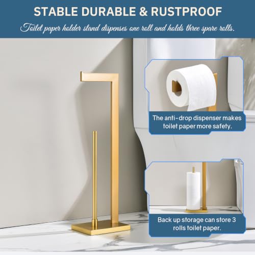 Gold Freestanding Toilet Paper Holder with Reserve - 304 Stainless Steel Bathroom Tissue Roll Holder Holds 4 Rolls - color: Gold