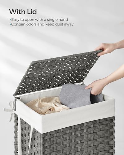 SONGMICS Laundry Hamper with Lid, 23.8 Gallon (90 L) Synthetic Rattan Clothes Laundry Basket with Lid and Handles, Foldable, Removable Liner, Dove Gray ULCB51WG - color: Dove Gray, size: 90 L
