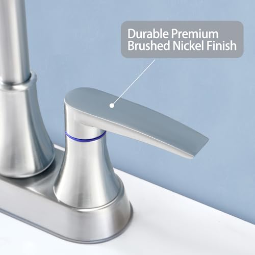 Brushed Nickel Bathroom Faucet, 2-Handle Lead-Free 360° Swivel High-Arc Spout 4 Inch Centerset Bath Lavatory Vanity Sink Faucets Set for Sinks with Drain & Water Hoses, VABM80008L - color: Brushed Nickel